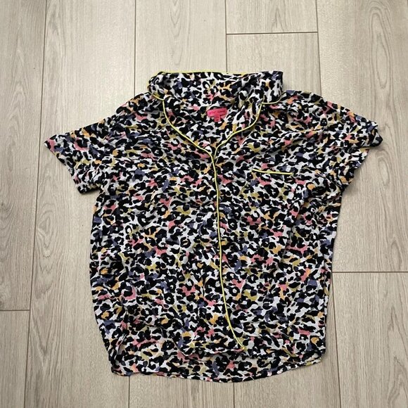 Betsey Johnson Pajama Top Animal Print Collared Short Sleeves Multicolor Medium - Picture 2 of 6